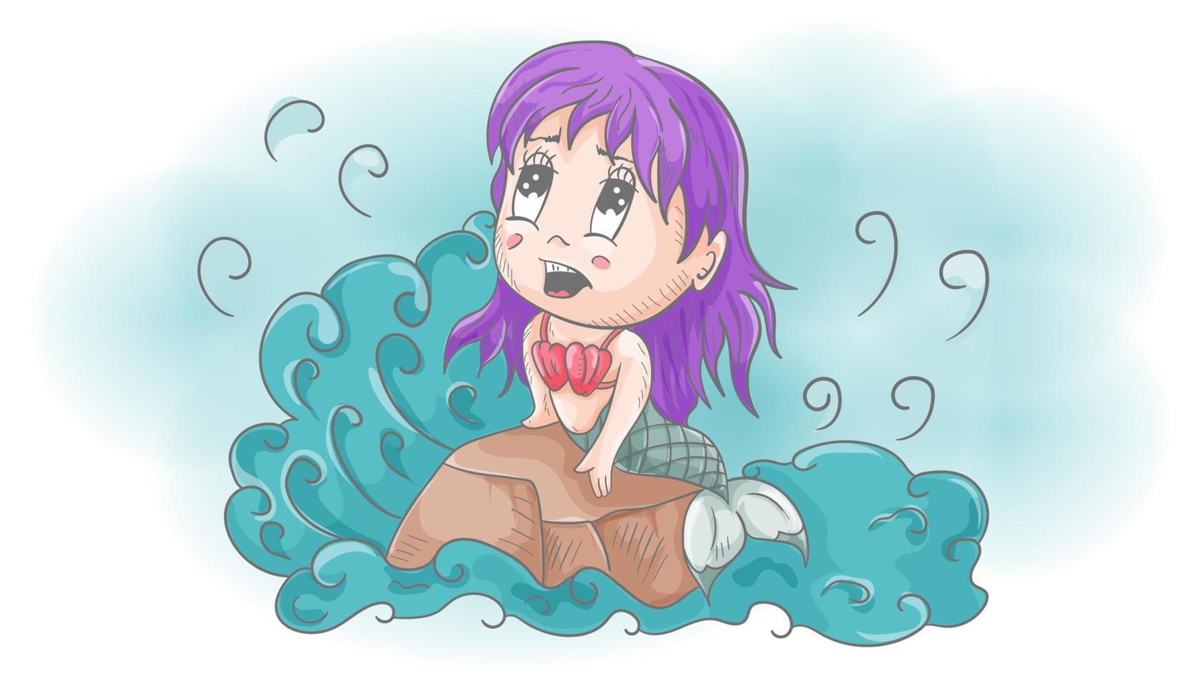 pequeño gracioso niña chibi sirena sentado en un Roca en el medio de el agua color contorno vector ilustración en el estilo de garabatear