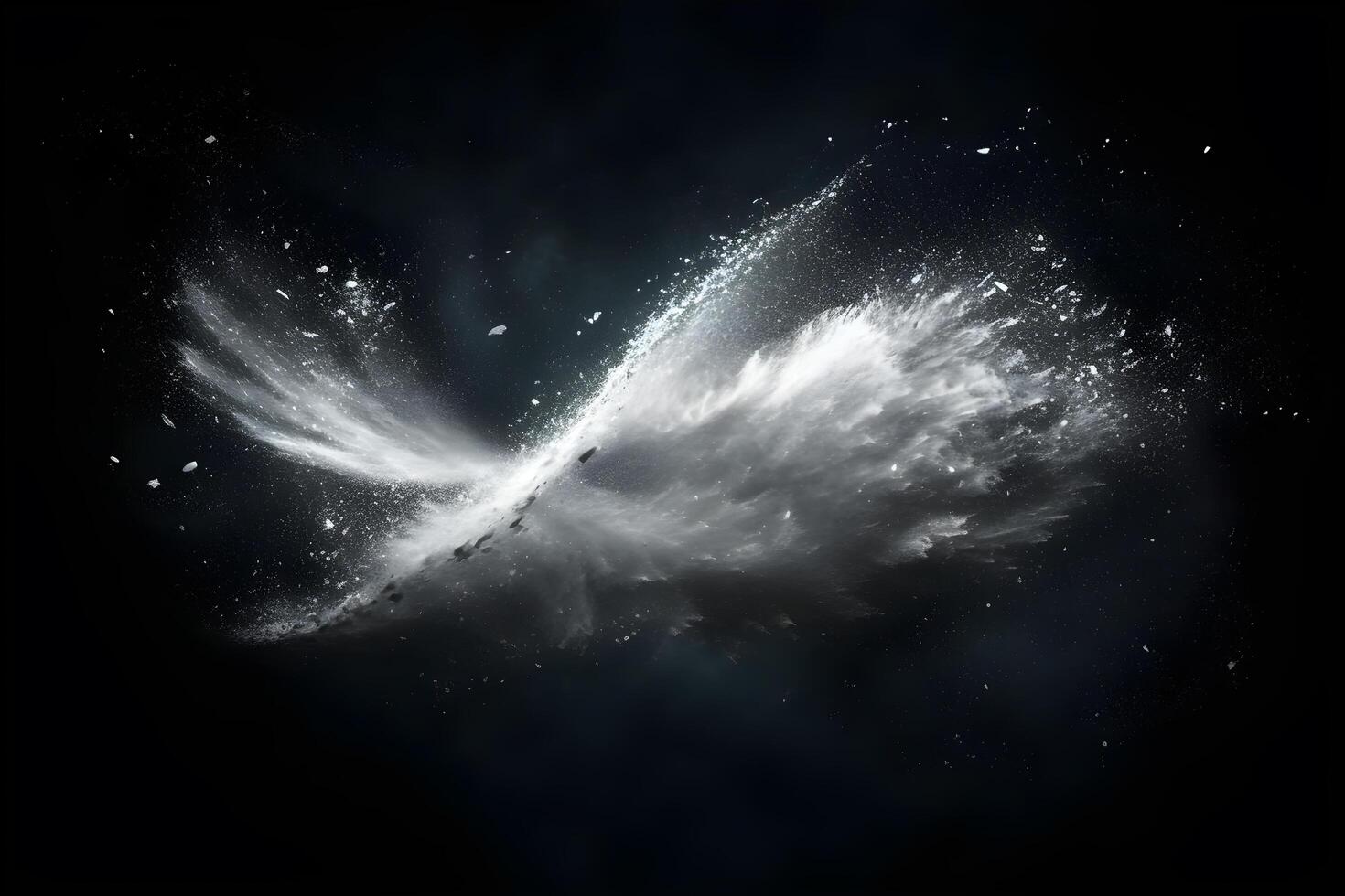 Abstract design of white powder snow cloud explosion on dark background photo