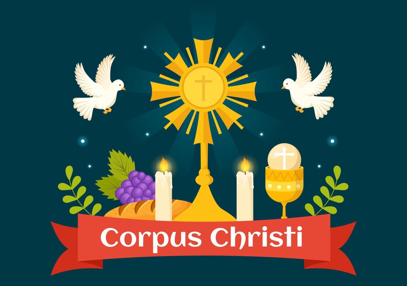 cuerpo christi católico religioso fiesta vector ilustración con banquete día, cruz, un pan y uvas en plano dibujos animados mano dibujado póster plantillas