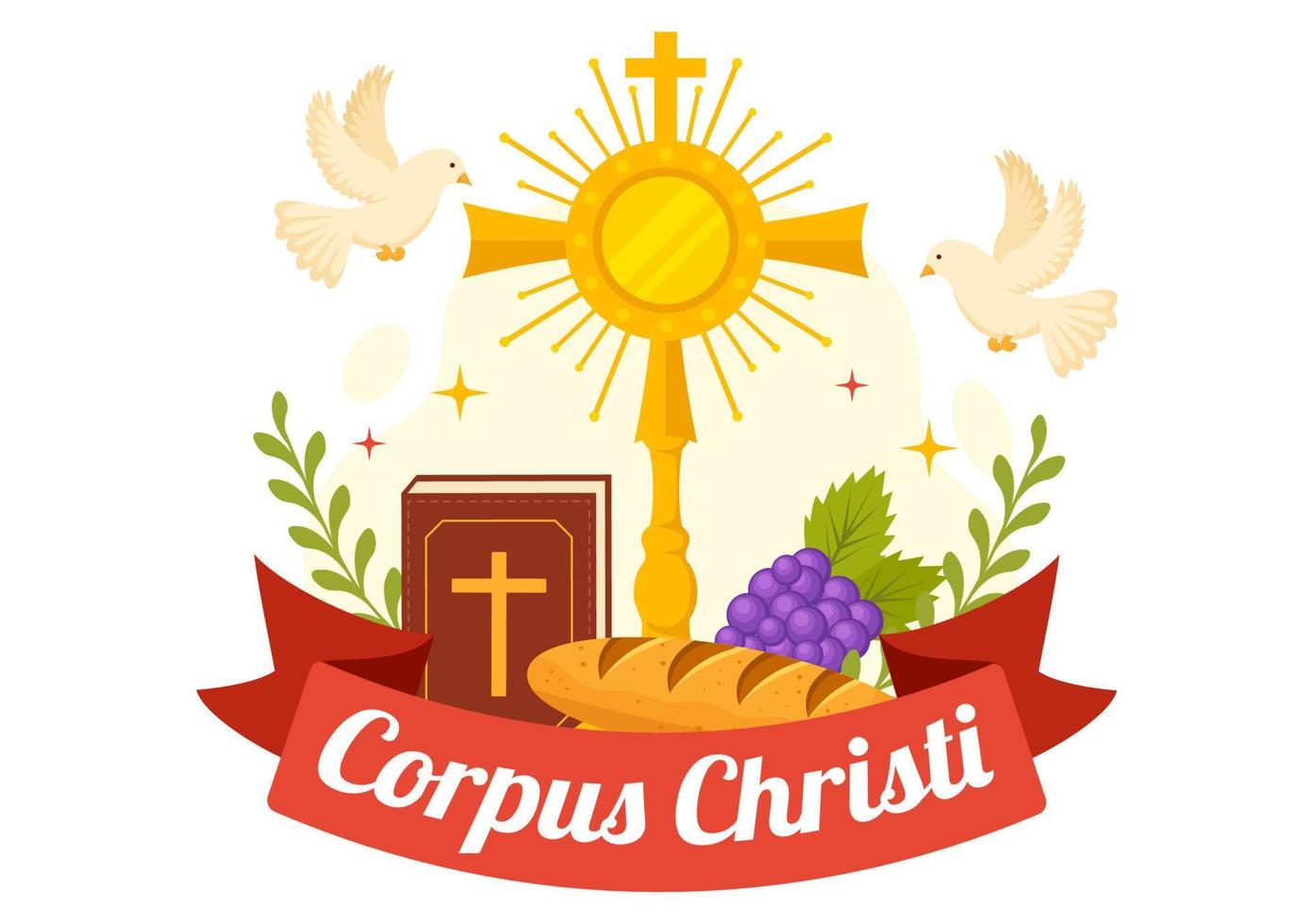 cuerpo christi católico religioso fiesta vector ilustración con banquete día, cruz, un pan y uvas en plano dibujos animados mano dibujado póster plantillas