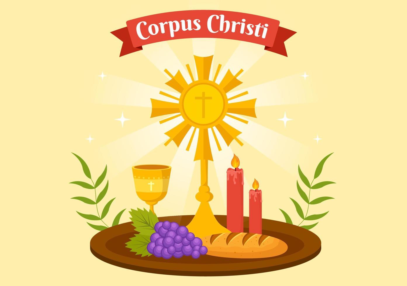 cuerpo christi católico religioso fiesta vector ilustración con banquete día, cruz, un pan y uvas en plano dibujos animados mano dibujado póster plantillas