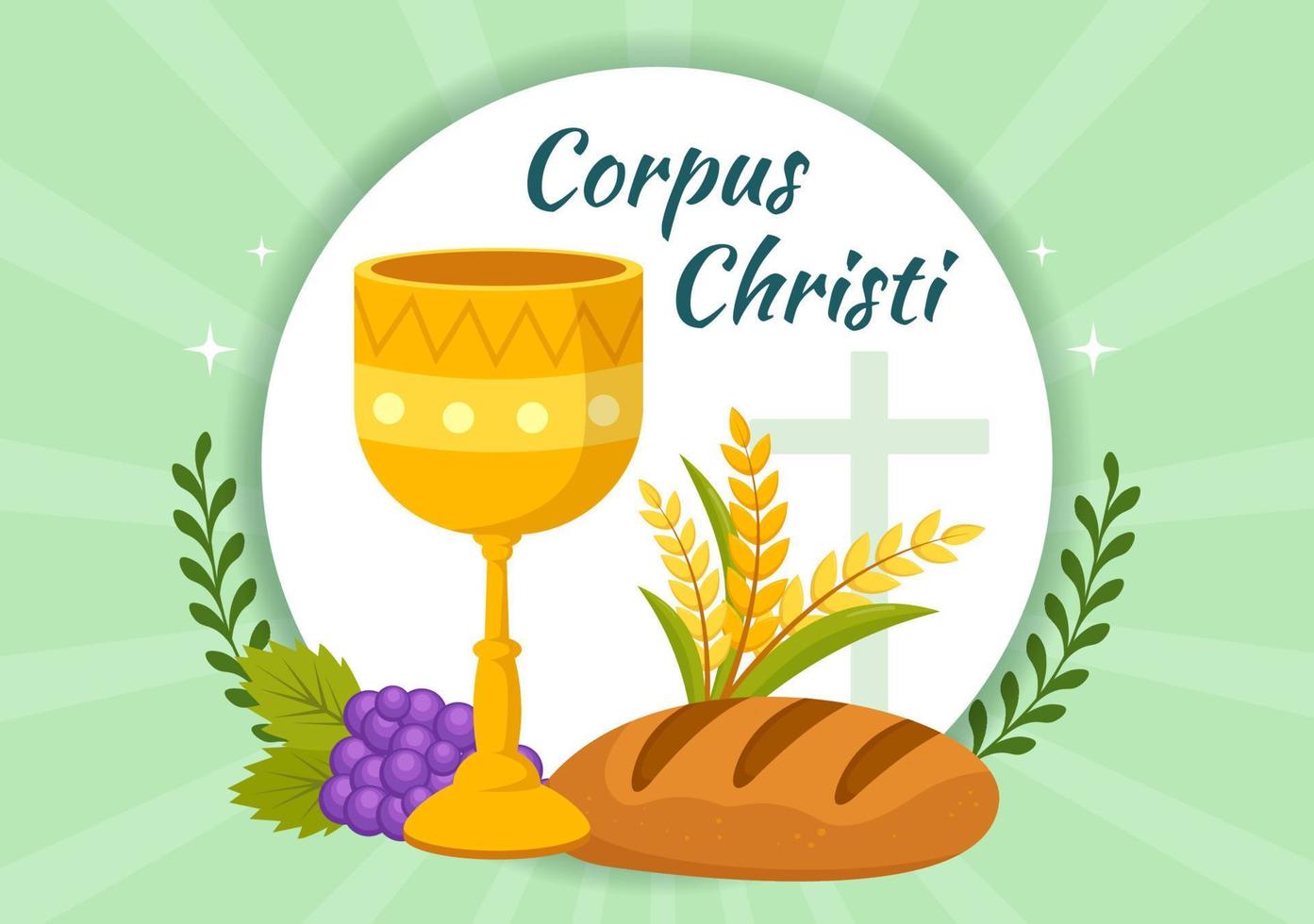 cuerpo christi católico religioso fiesta vector ilustración con banquete día, cruz, un pan y uvas en plano dibujos animados mano dibujado póster plantillas