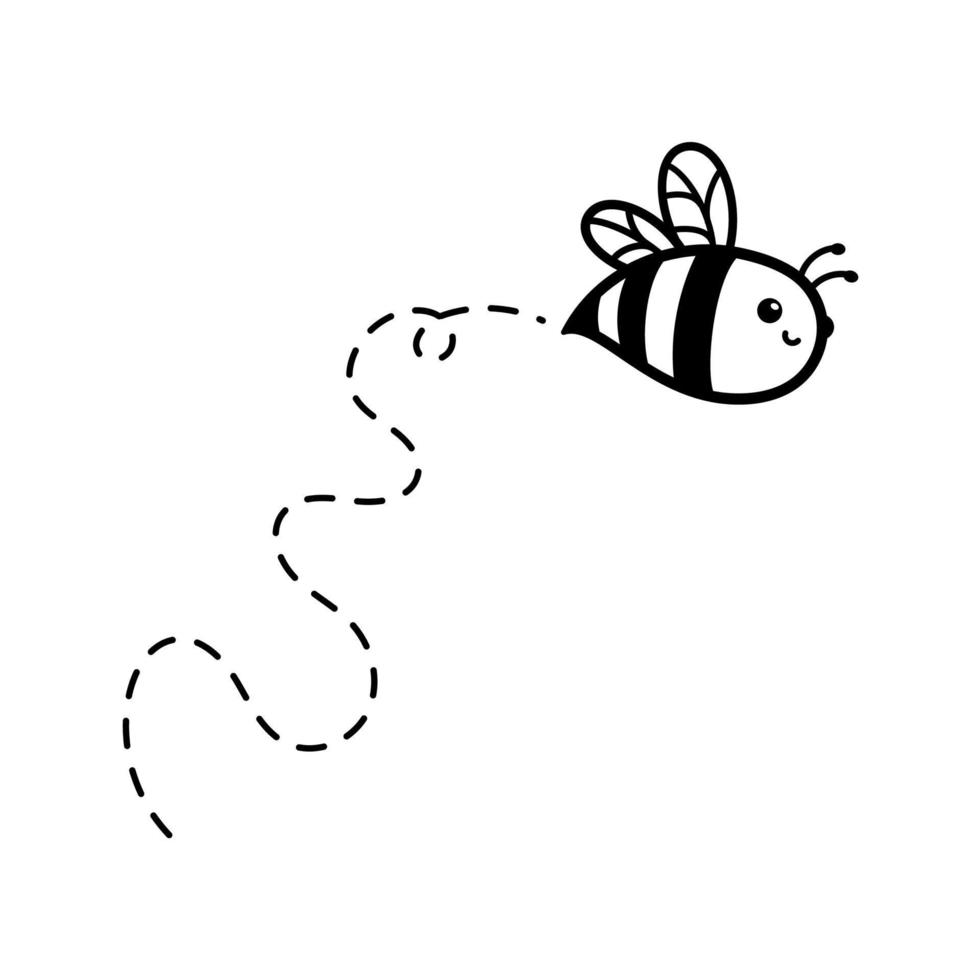 dibujos animados linda pequeño abeja volador en el punteado línea a encontrar dulce miel vector