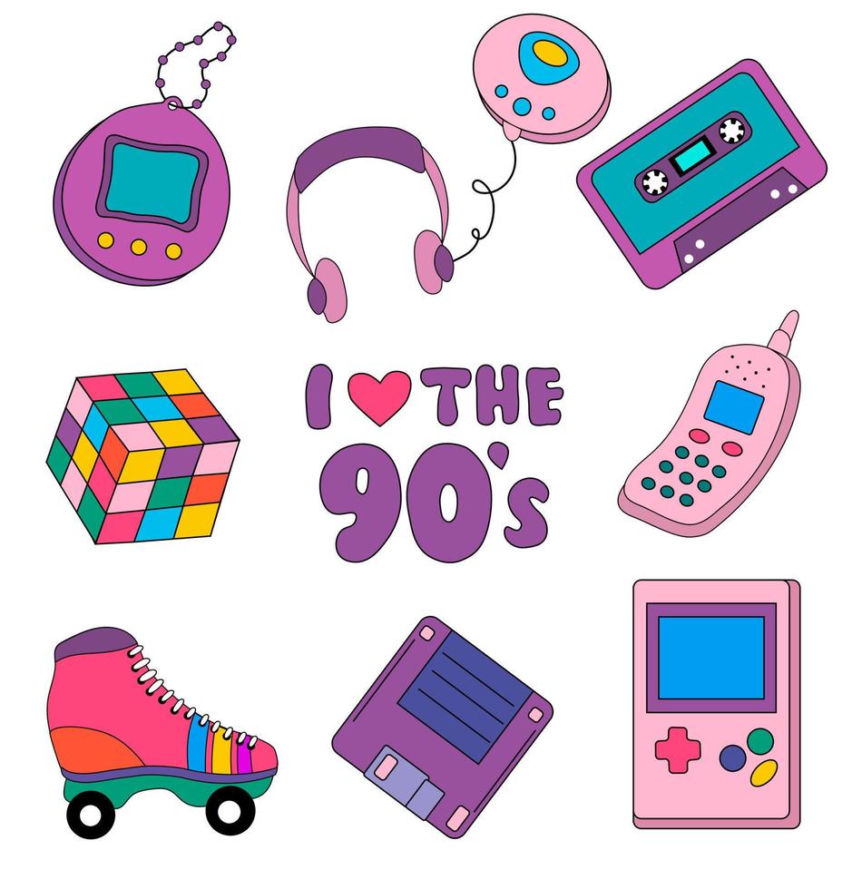 colección de vistoso pegatinas, íconos en 90s estilo. vector ilustración retro conjunto desde el era de el años 90 Clásico tetris, tamagotchi, casete, jugador, rodillo patines, de rubik cubo, disquete, teléfono.