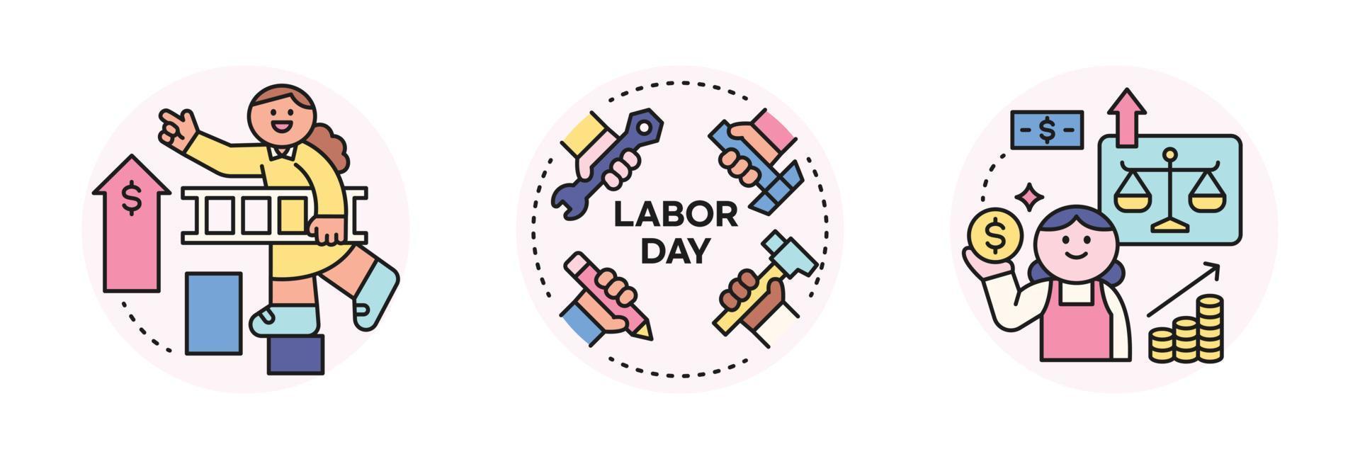 Labor Day. people who are working. Hands holding tools for each field, climbing the ladder for promotion, salary and household. vector