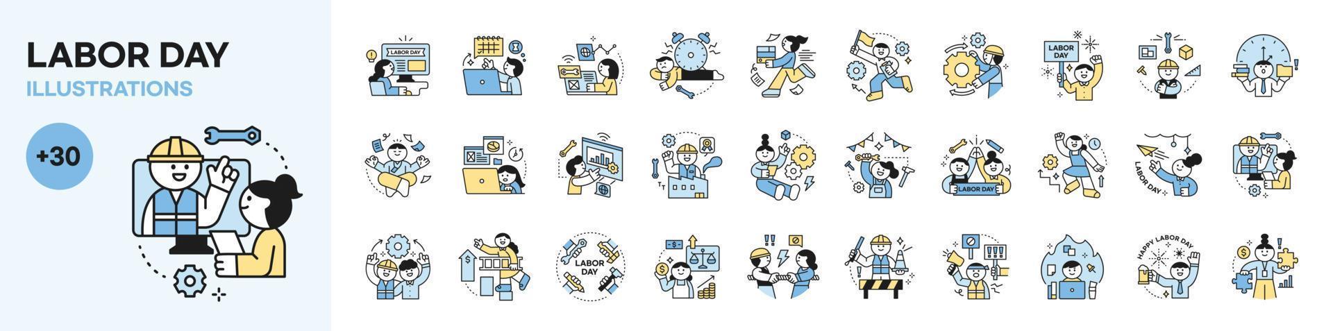 Labor Day. people who are working. Cute concept icon character about worker's life. mega set. vector