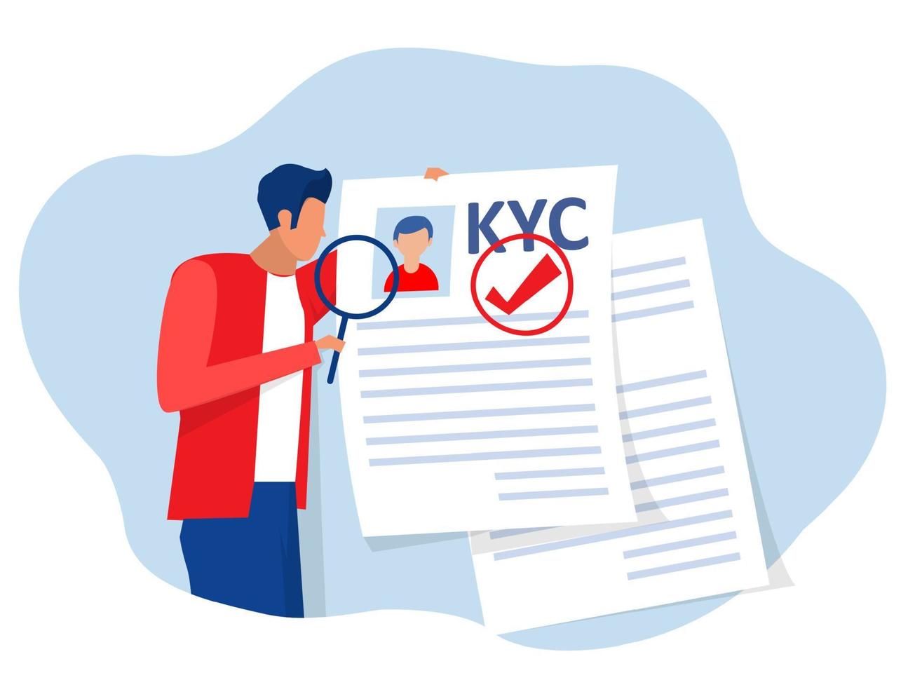 kyc o conozca a su cliente con el negocio verificando la identidad del concepto de sus clientes en los futuros socios a través de un ilustrador de vectores de lupa