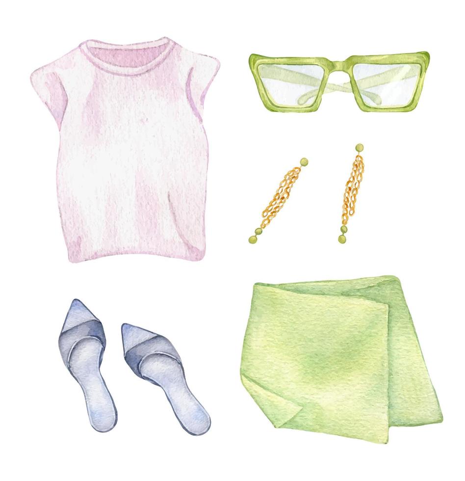 Set of woman's summer clothes watercolor illustration isolated on white. Woman's style outfit of T-shirt, skirt, shoes and sunglasses hand drawn. Design for shop, sale, magazine, packaging, showcase vector