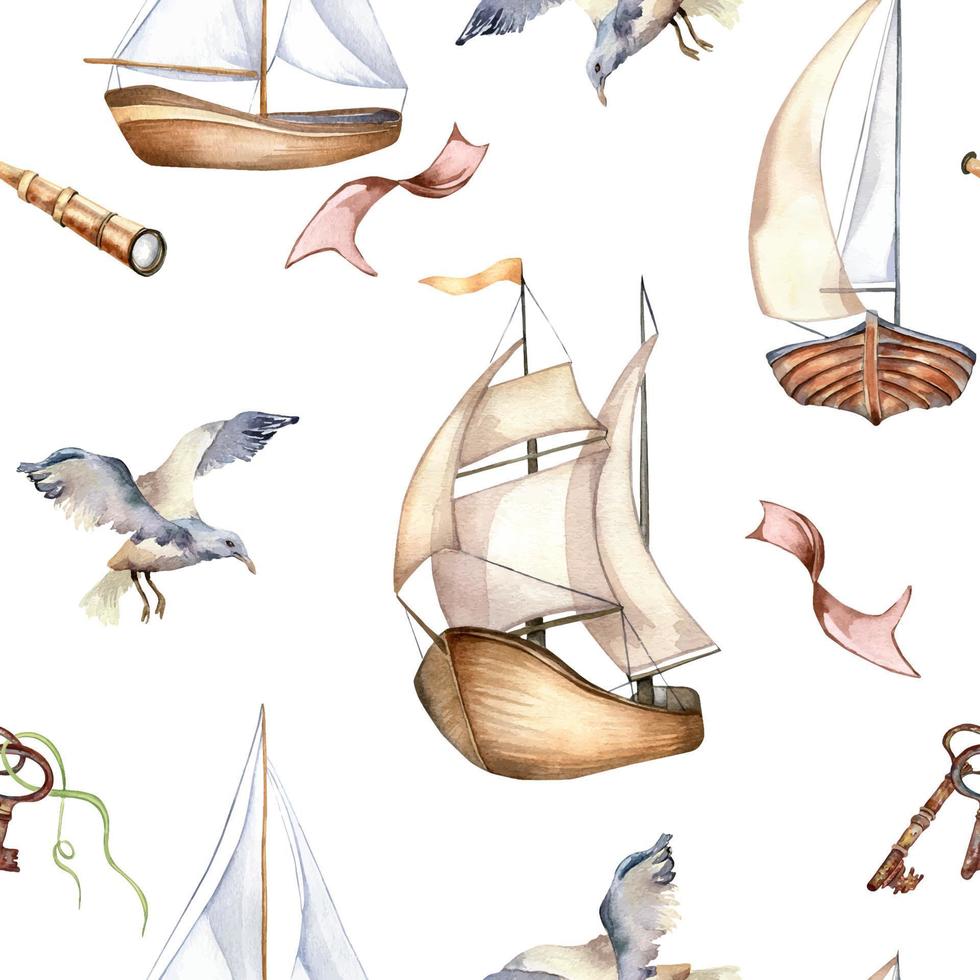 Seamless pattern of sailing boats vintage style watercolor illustration isolated on white. Ship, bird, rusty key hand drawn. Childish design, boy's print, background, textile, wallpaper, packaging vector