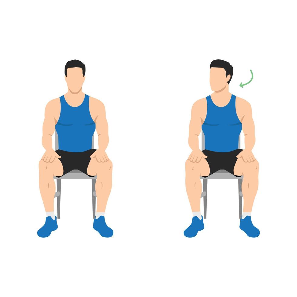 Man doing chair seated neck turns or head rotations. Neck rotation exercise. Turning head left and right. Healthy activity, office stretch vector
