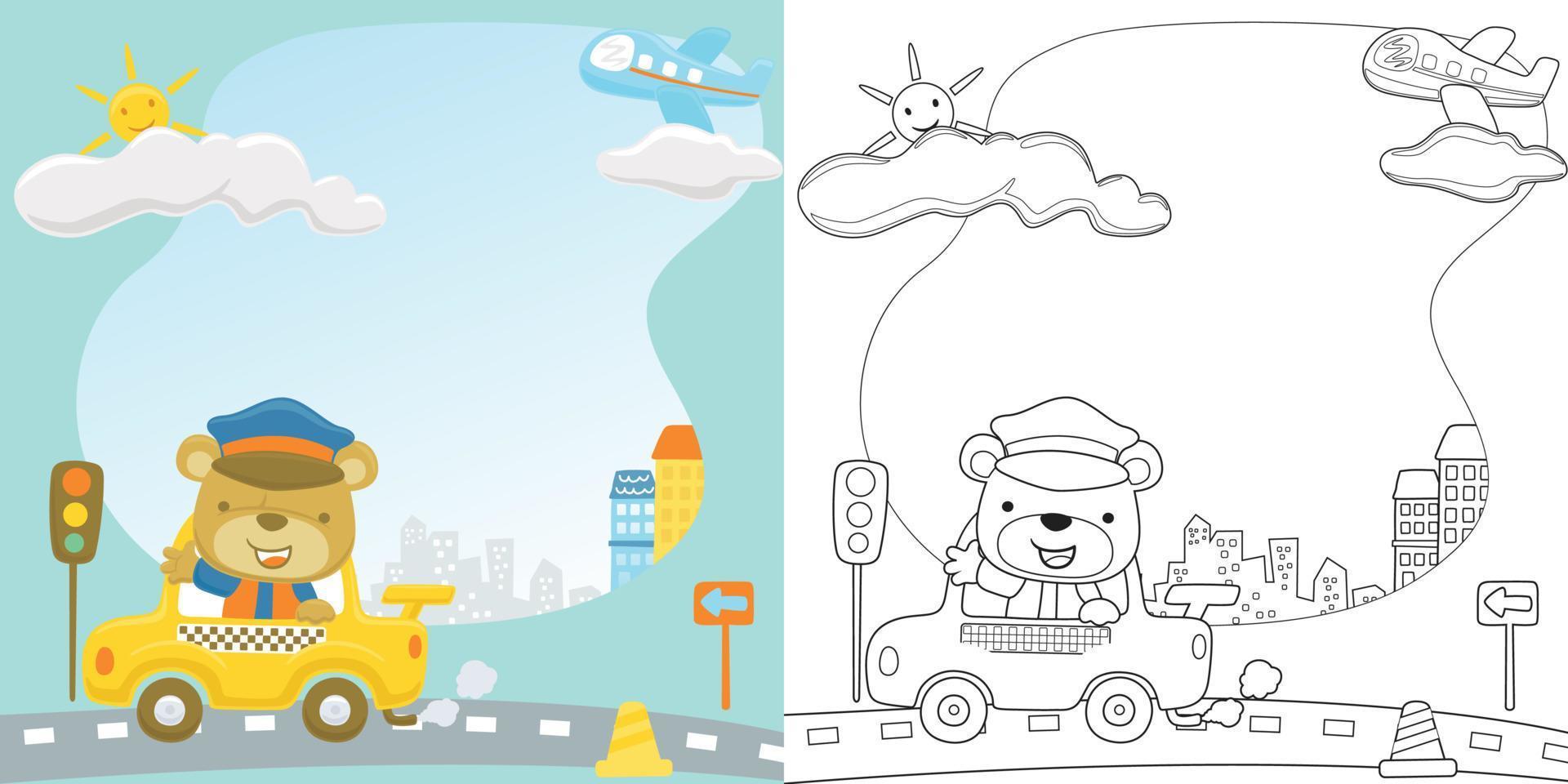 Vector cartoon of cute bear driving taxi, transport elements, coloring book or page