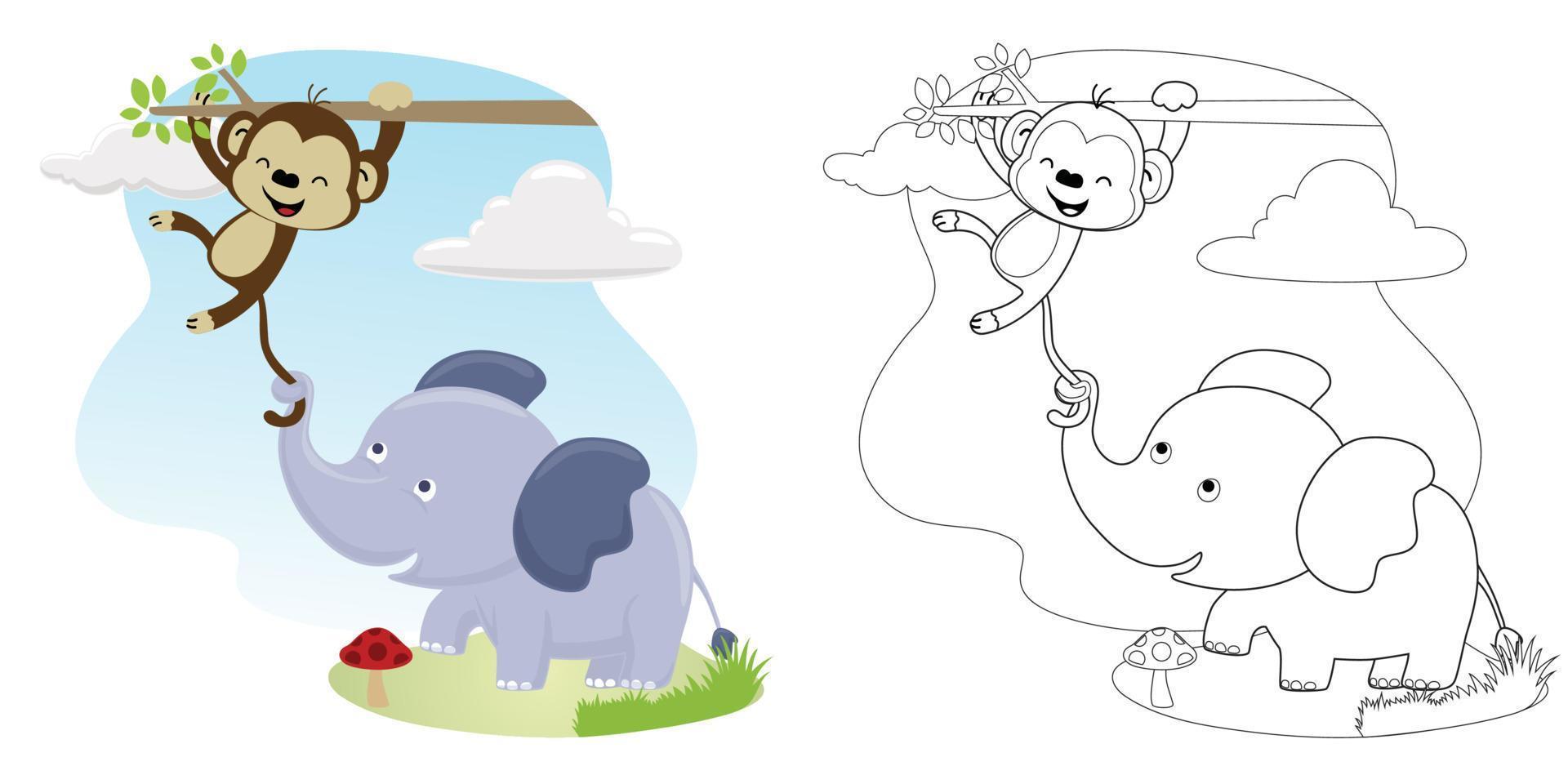 Vector cartoon of funny elephant pulling monkeys tail, coloring book or page