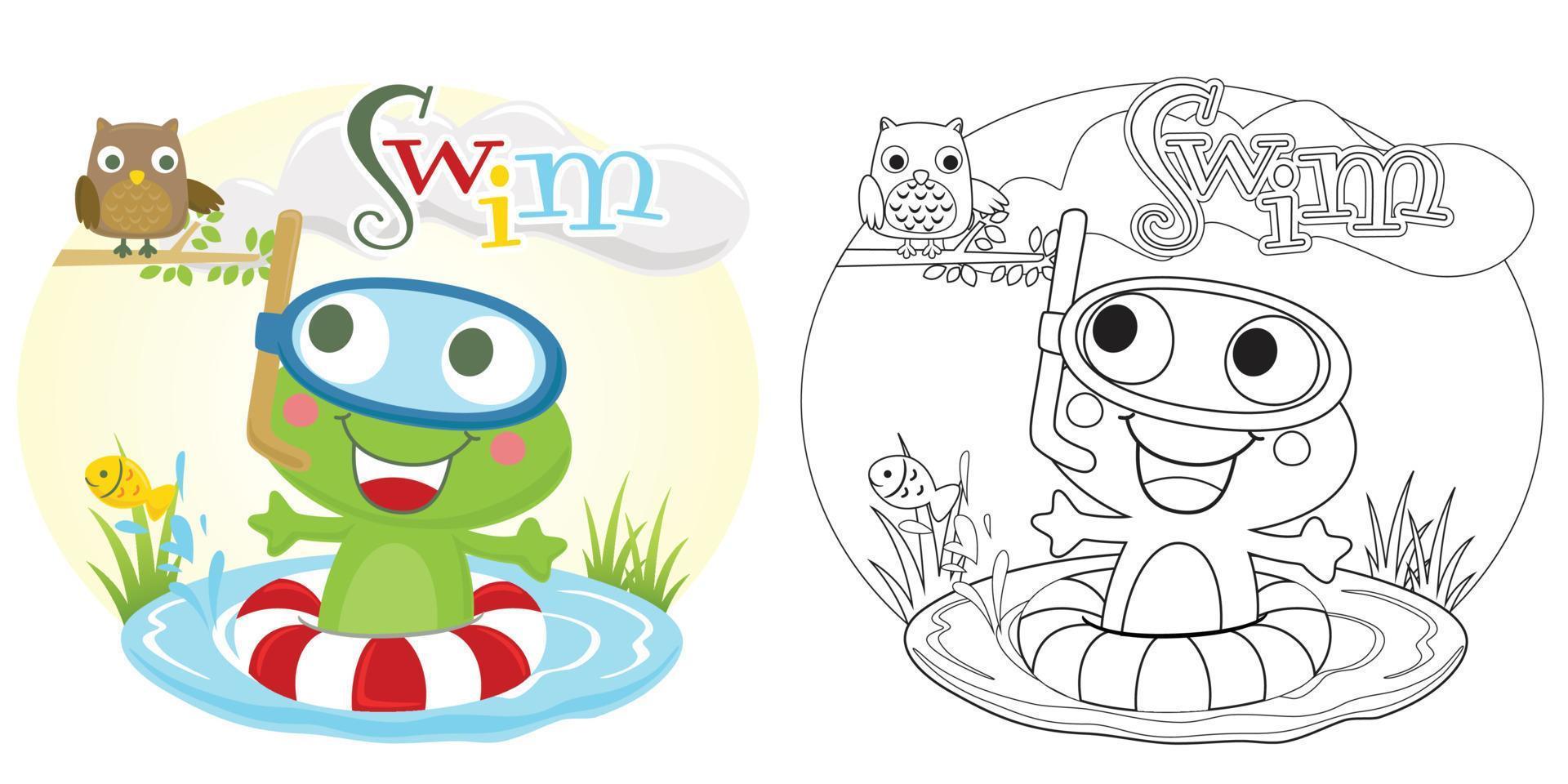 Funny cartoon of frog swimming in fish pond, owl perch on tree branches, coloring book or page vector