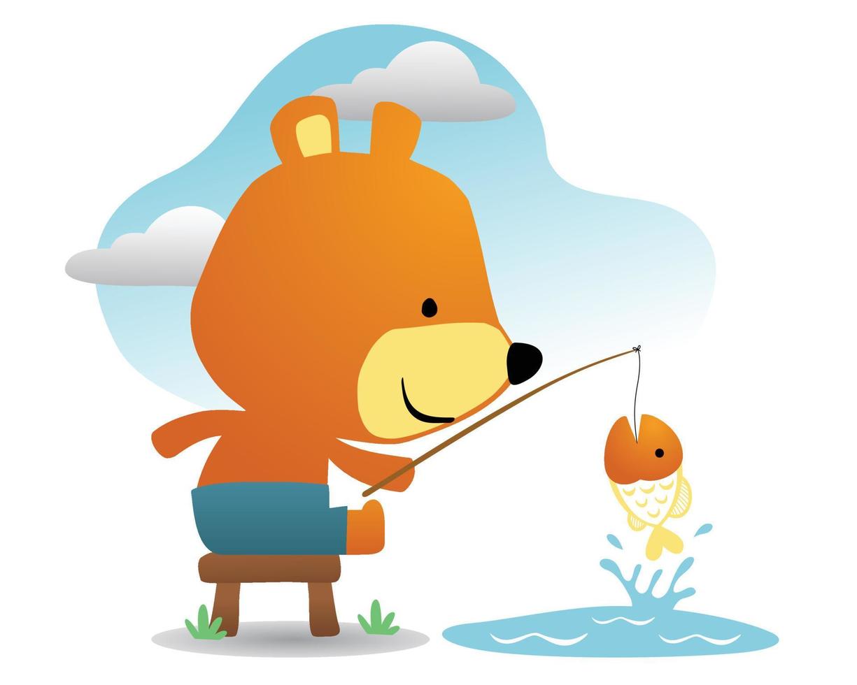 Vector cartoon of funny bear fishing on blue sky background