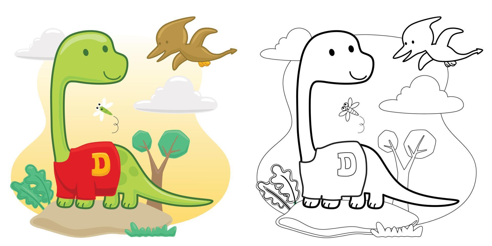Vector cartoon of funny dinosaurs with dragonfly in forest, coloring book or page