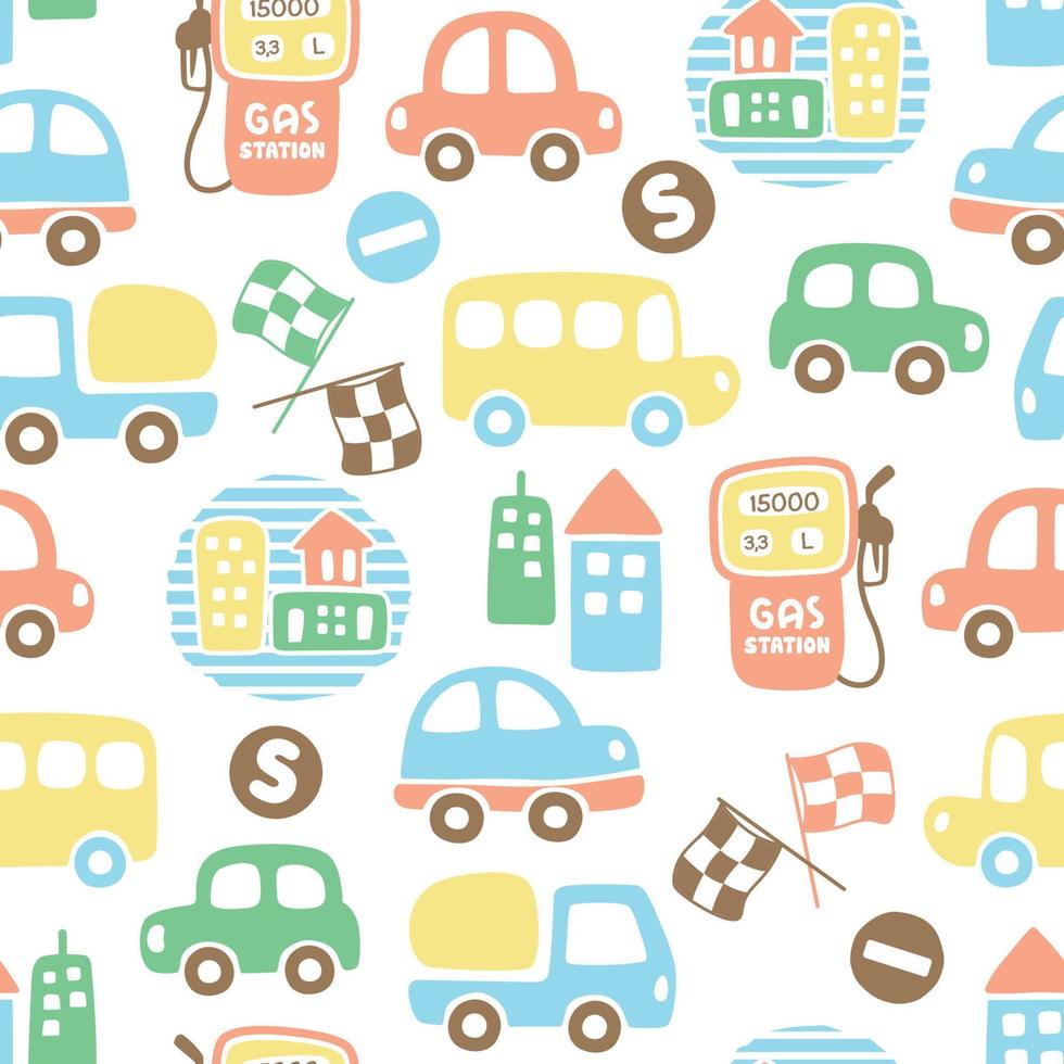 Seamless pattern vector of colorful vehicles with buildings, traffic elements cartoon
