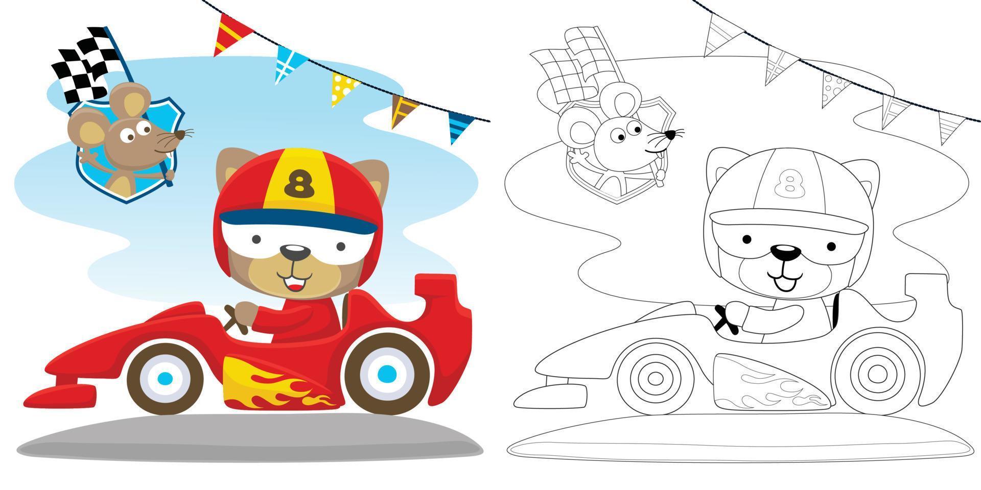 Vector cartoon of cat driving speed car with a mice carrying checkered flag, coloring book or page