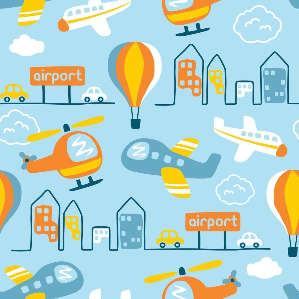 Seamless pattern vector of air transportations, urban transport element cartoon