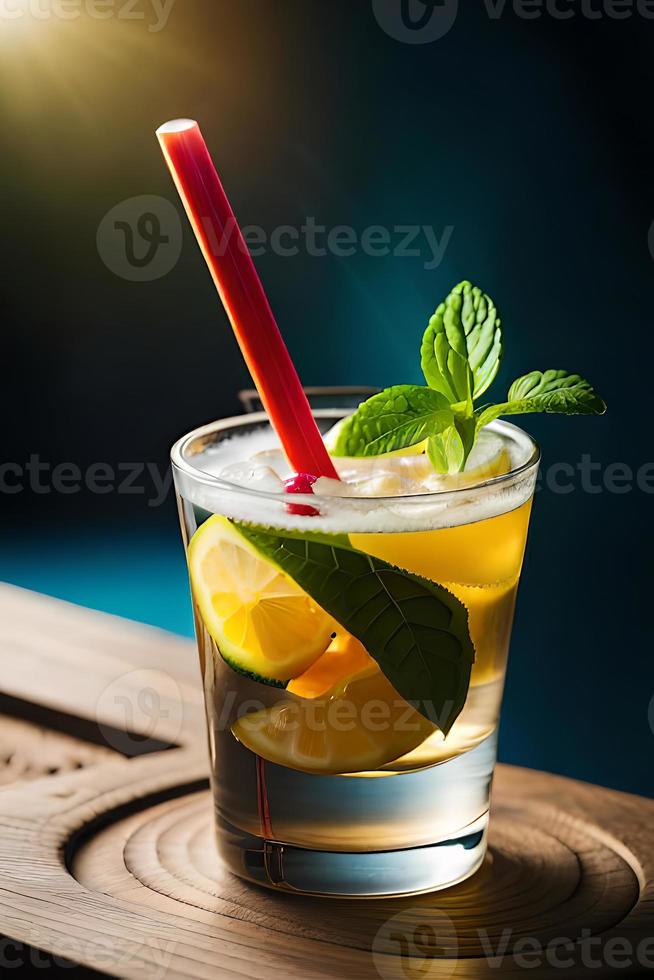 Refreshing Fruity Summer Drink on Table with Lemon and Mint photo