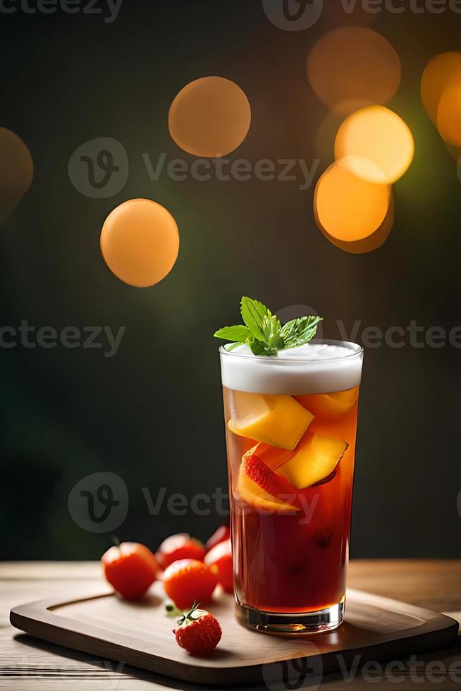 Refreshing Fruity Summer Drink on Table with Lemon and Mint photo