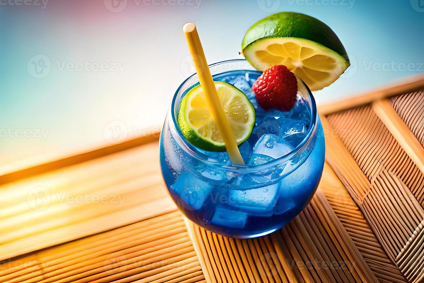 Refreshing Fruity Summer Drink on Table with Lemon and Mint photo