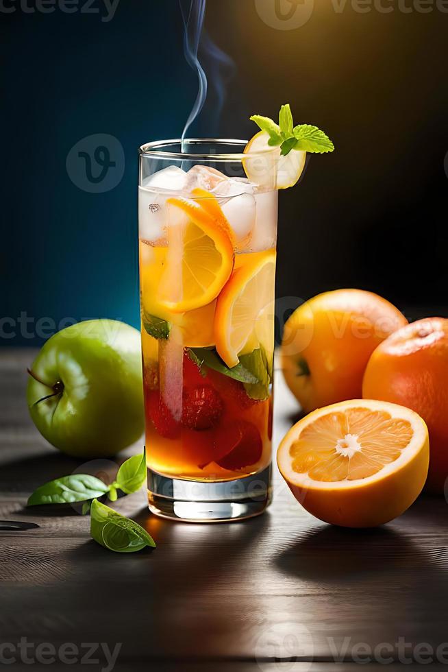 Refreshing Fruity Summer Drink on Table with Lemon and Mint photo