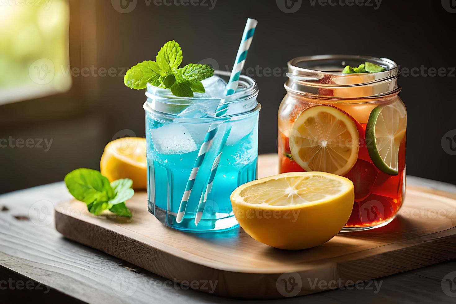 Refreshing Fruity Summer Drink on Table with Lemon and Mint photo