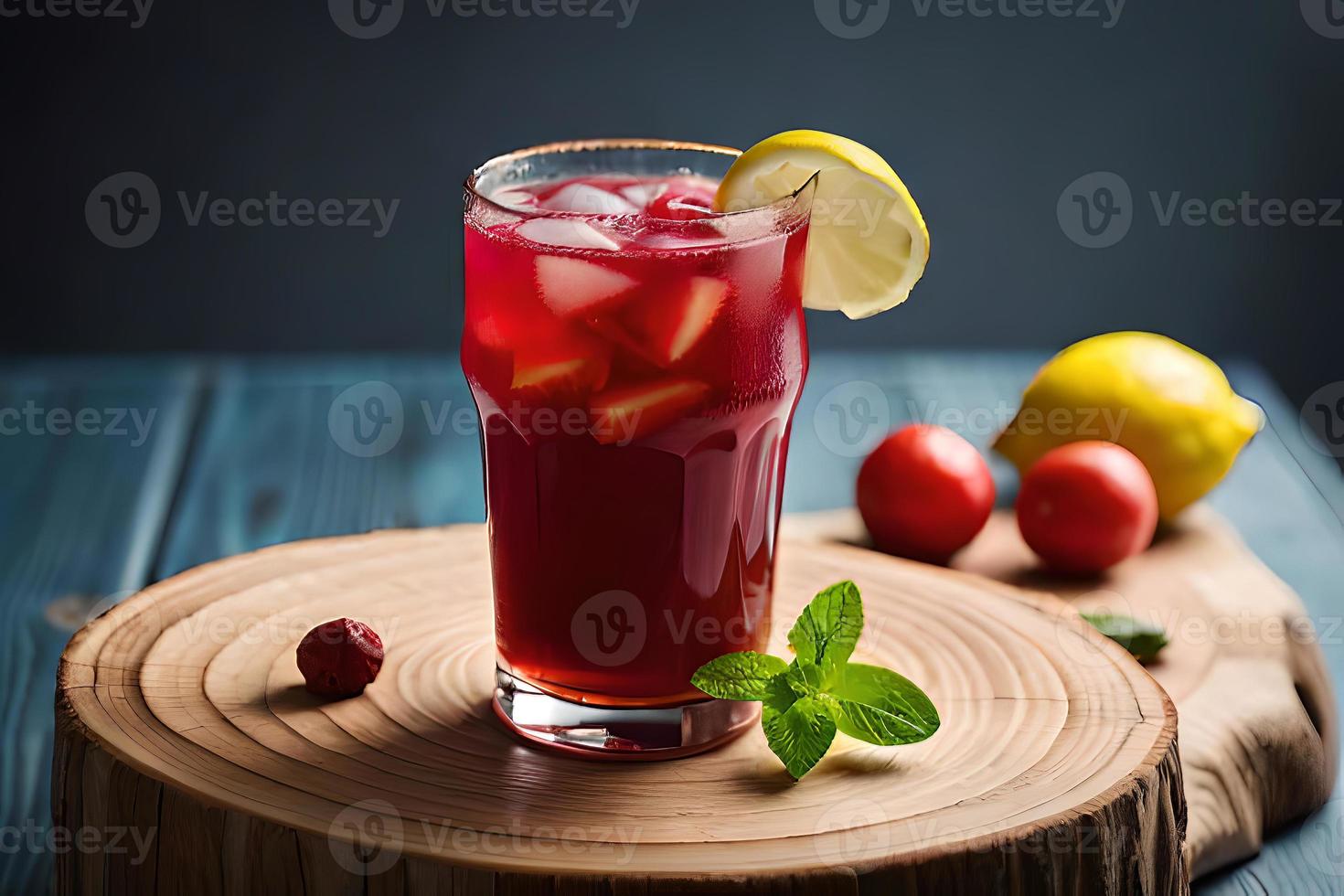 Refreshing Fruity Summer Drink on Table with Lemon and Mint photo