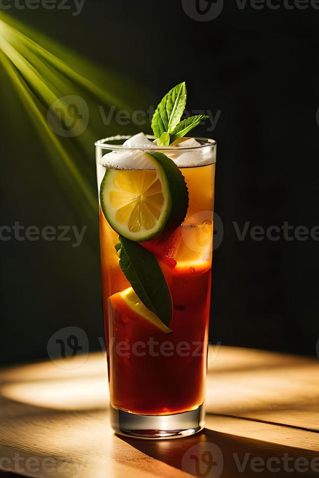 Refreshing Fruity Summer Drink on Table with Lemon and Mint photo