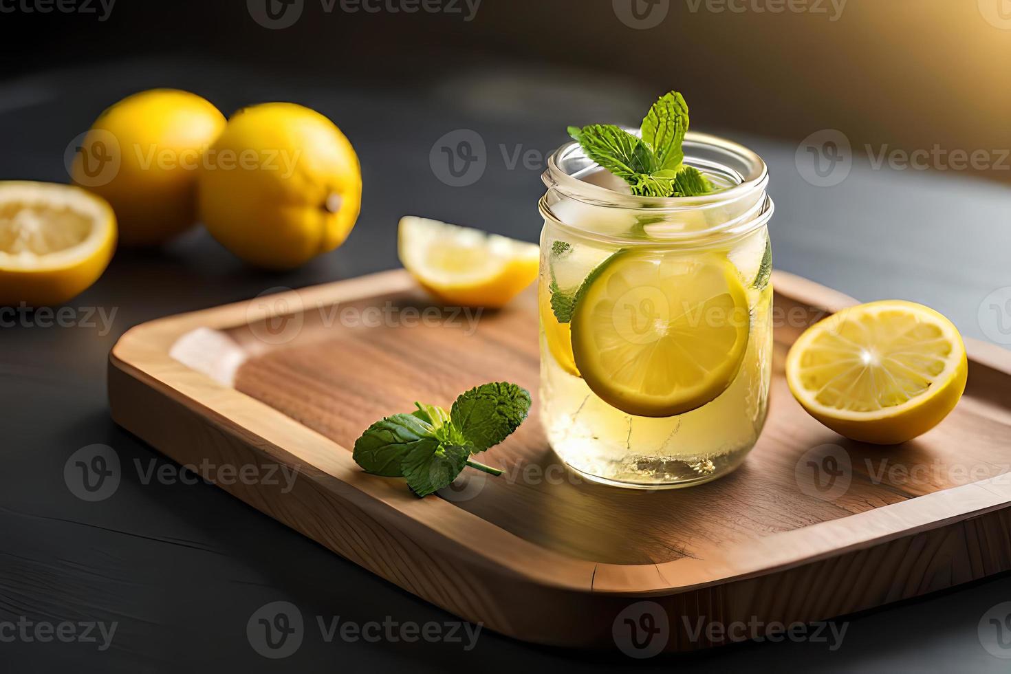 Refreshing Fruity Summer Drink on Table with Lemon and Mint photo