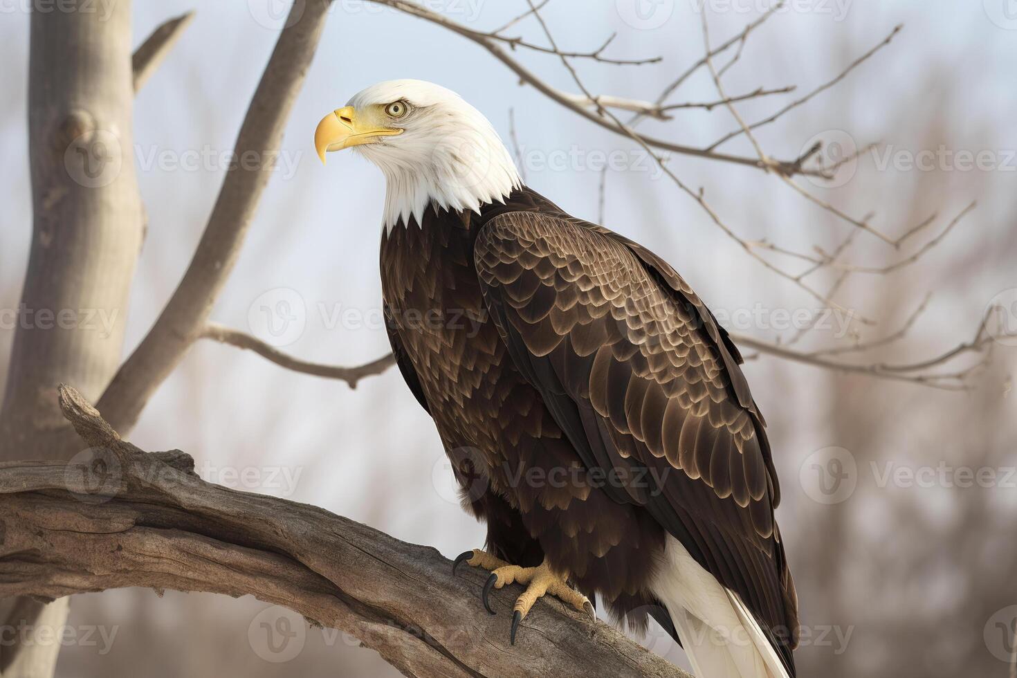 an eagle perched on top of a tree branch. photo