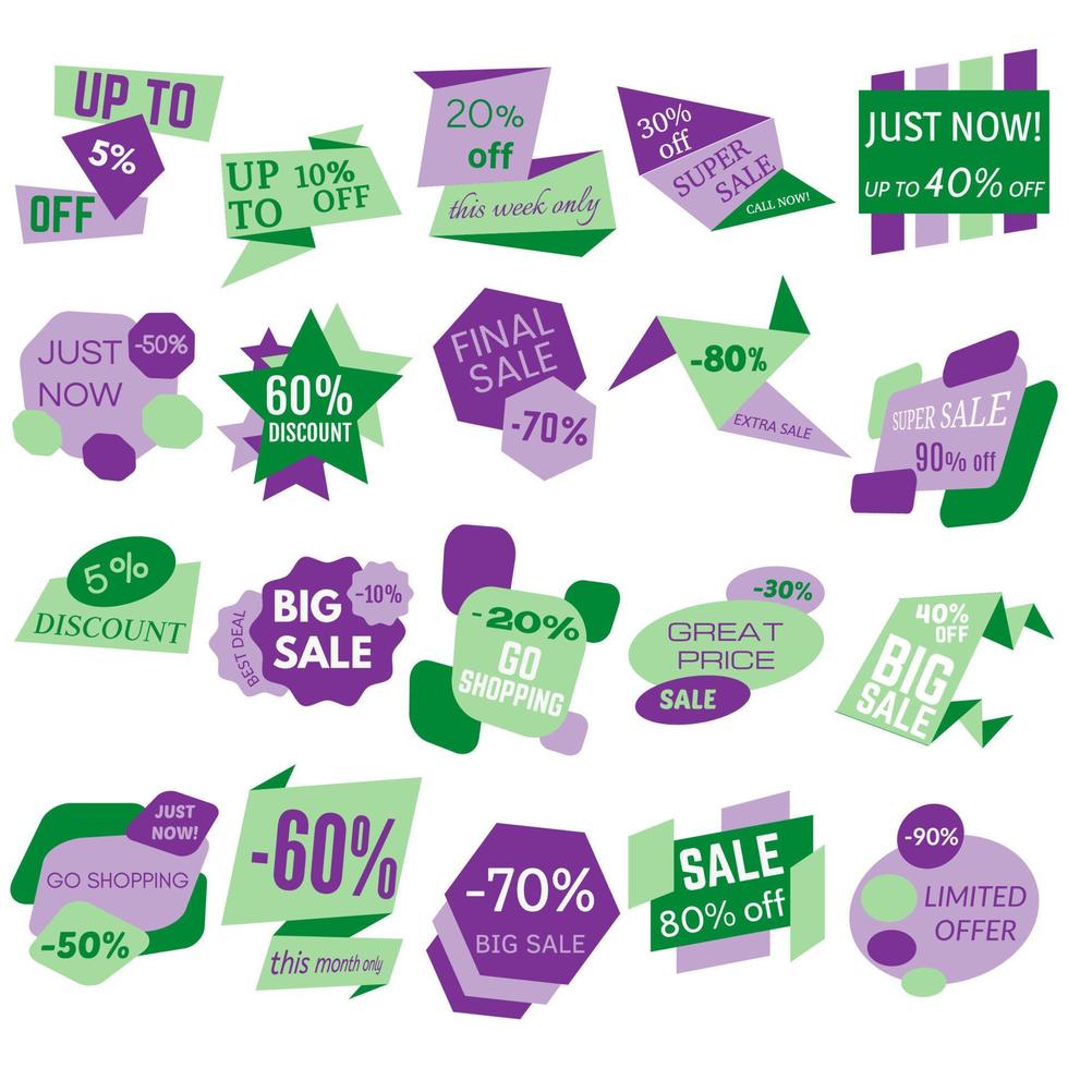 Set of Sale Discount Labels, Tags, Emblems. Web collection of stickers and badges for sale. Isolated vector illustration.