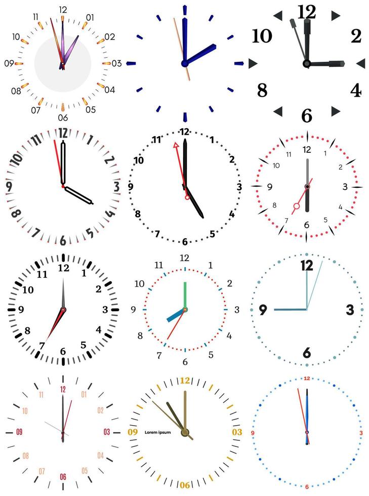 A set of different mechanical clocks with an image of each of the twelve hours. Clock face on white background. vector