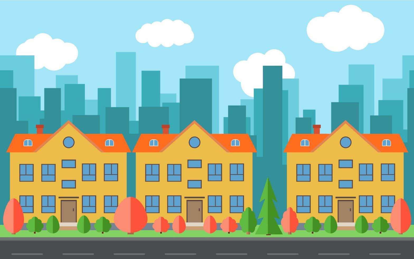 Vector city with three cartoon buildings. Summer urban landscape. Street view with road and cityscape on a background