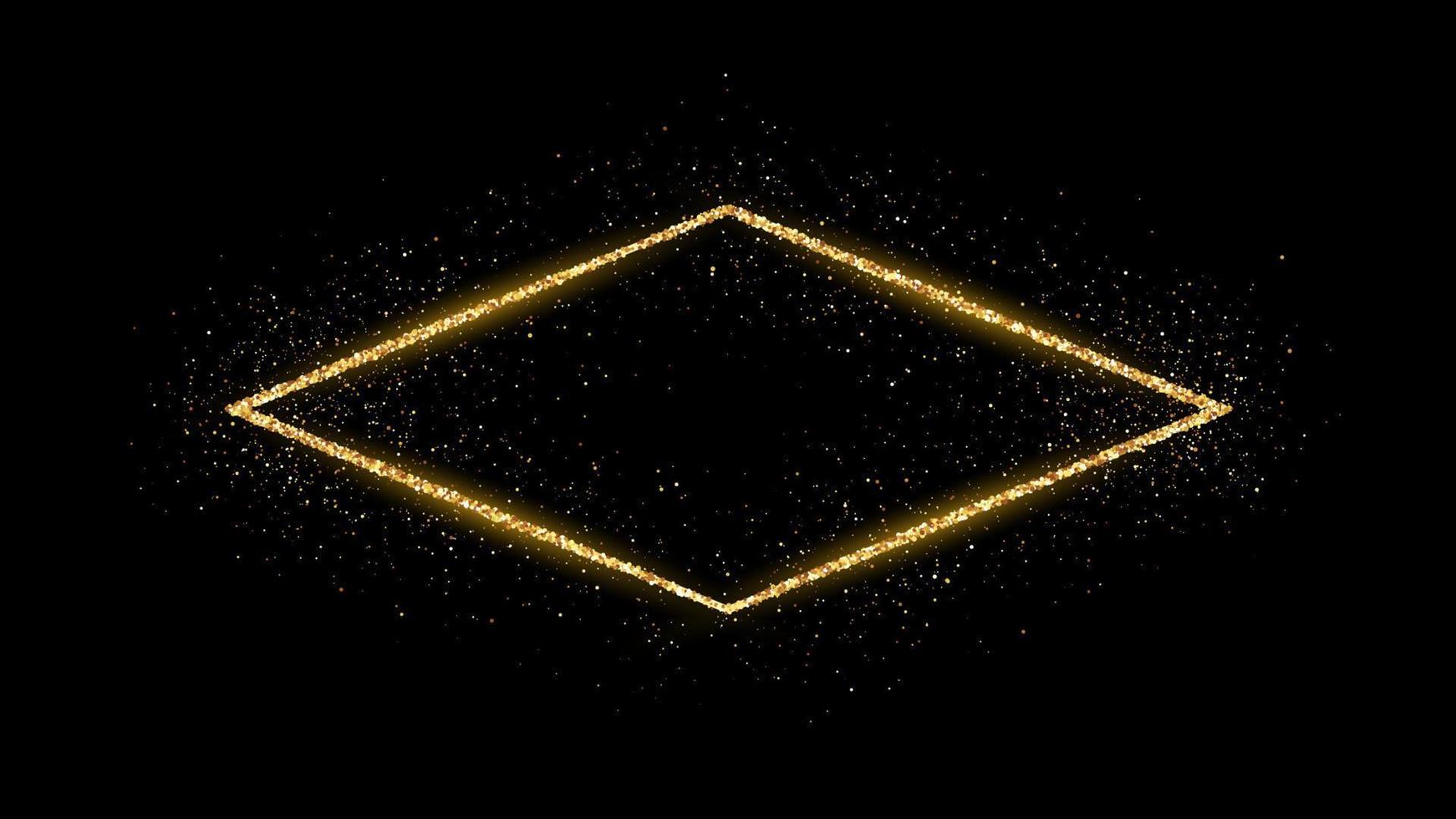 Golden rhombus frame with glitter, sparkles and flares on dark background. Empty luxury backdrop. Vector illustration.