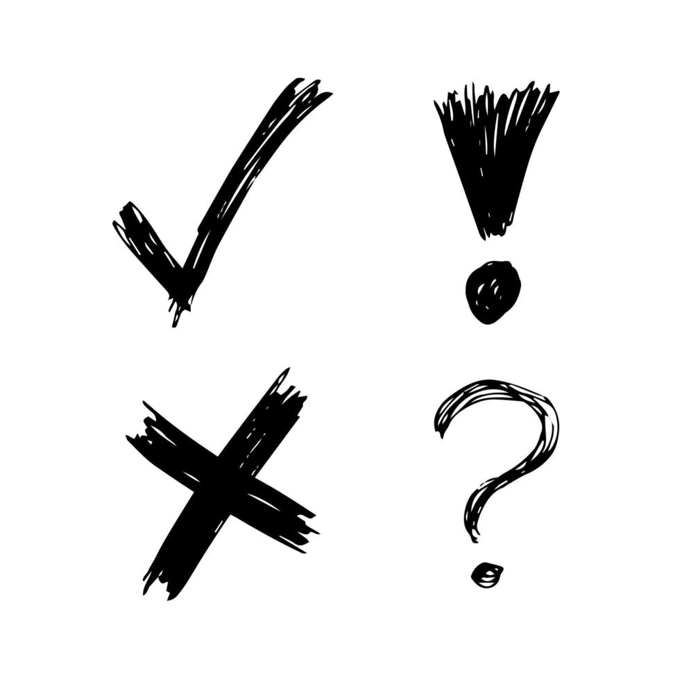 Hand drawn check, cross, question mark and exclamation mark symbols. Set of four black sketch symbols. Vector illustration