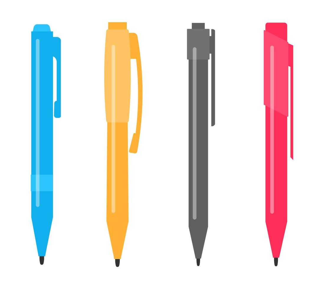 Set of four different multi-colored pens. Vector illustration