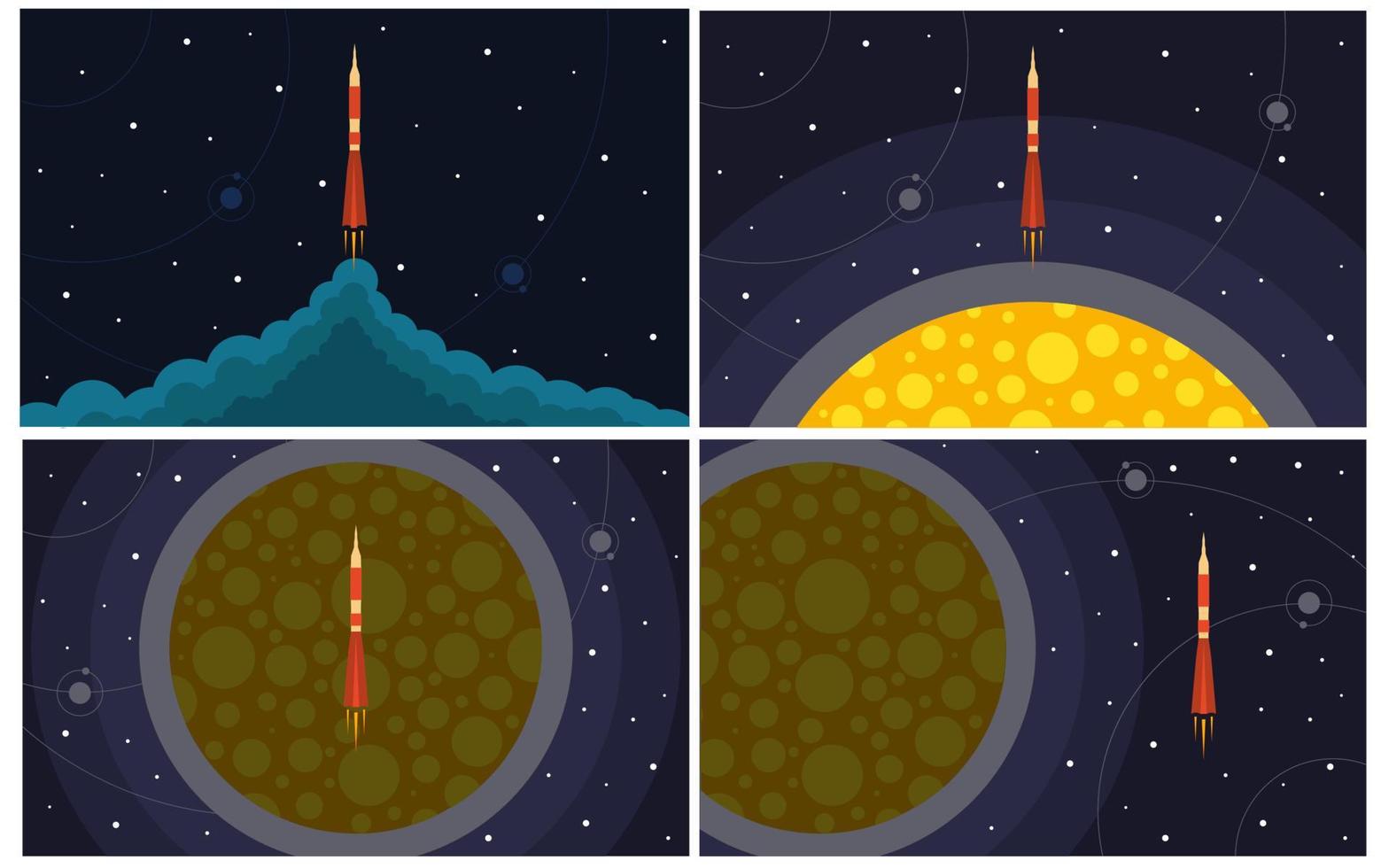 Set of four vector illustration with flying rocket. Space travel.