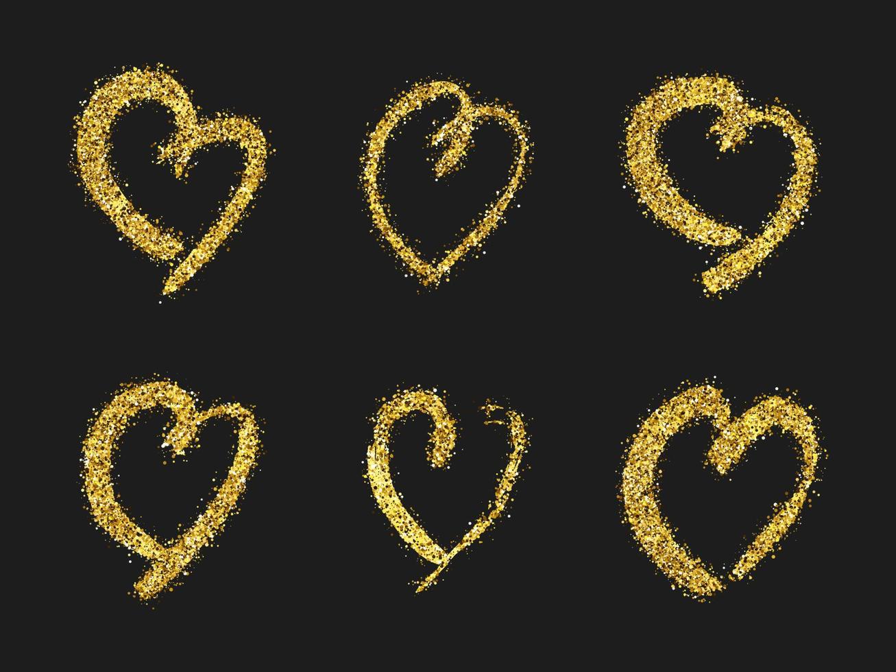 Gold glitter doodle heart on dark background. Set of six gold grunge hand drawn heart. Romantic love symbol. Vector illustration.