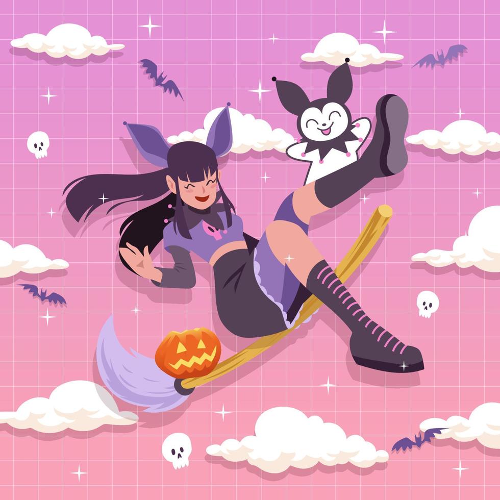 Beautiful Girl Riding a Broomstick vector