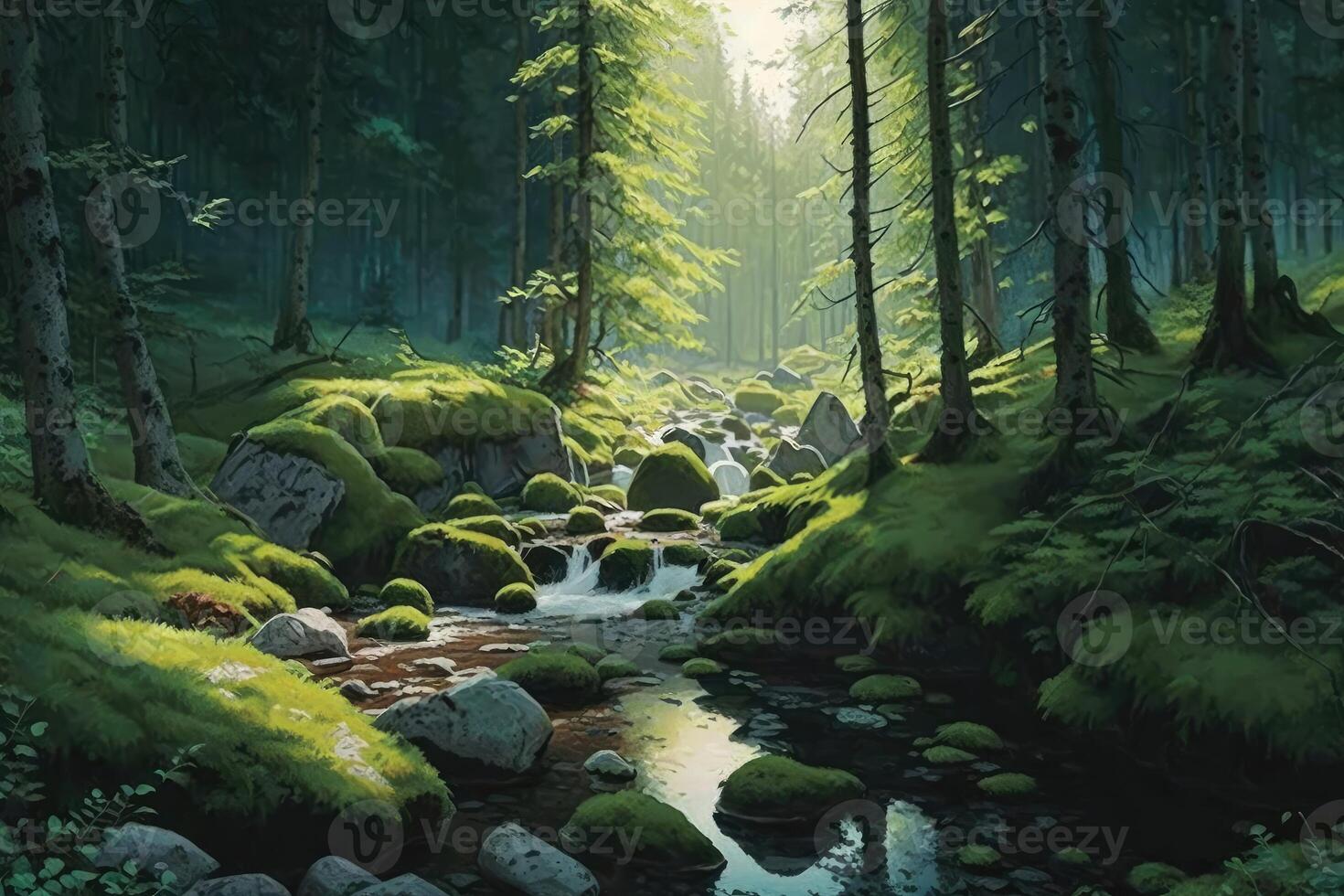 Serene and quiet forest scene, with towering trees, a babbling brook, and a soft carpet of green moss. photo