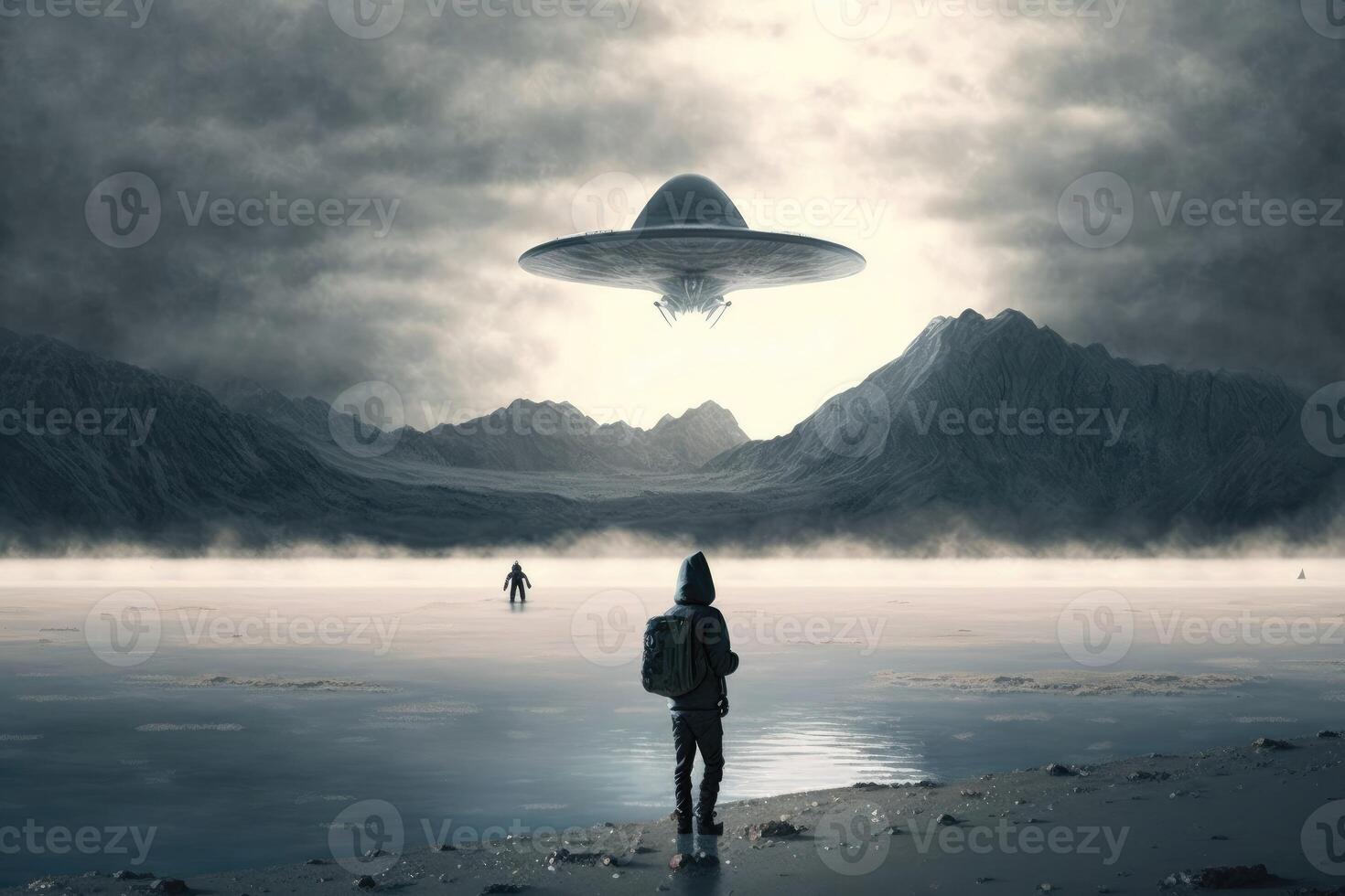 UFO and Alien Concept. An unidentified flying object and friendly extraterrestrial visitors. photo