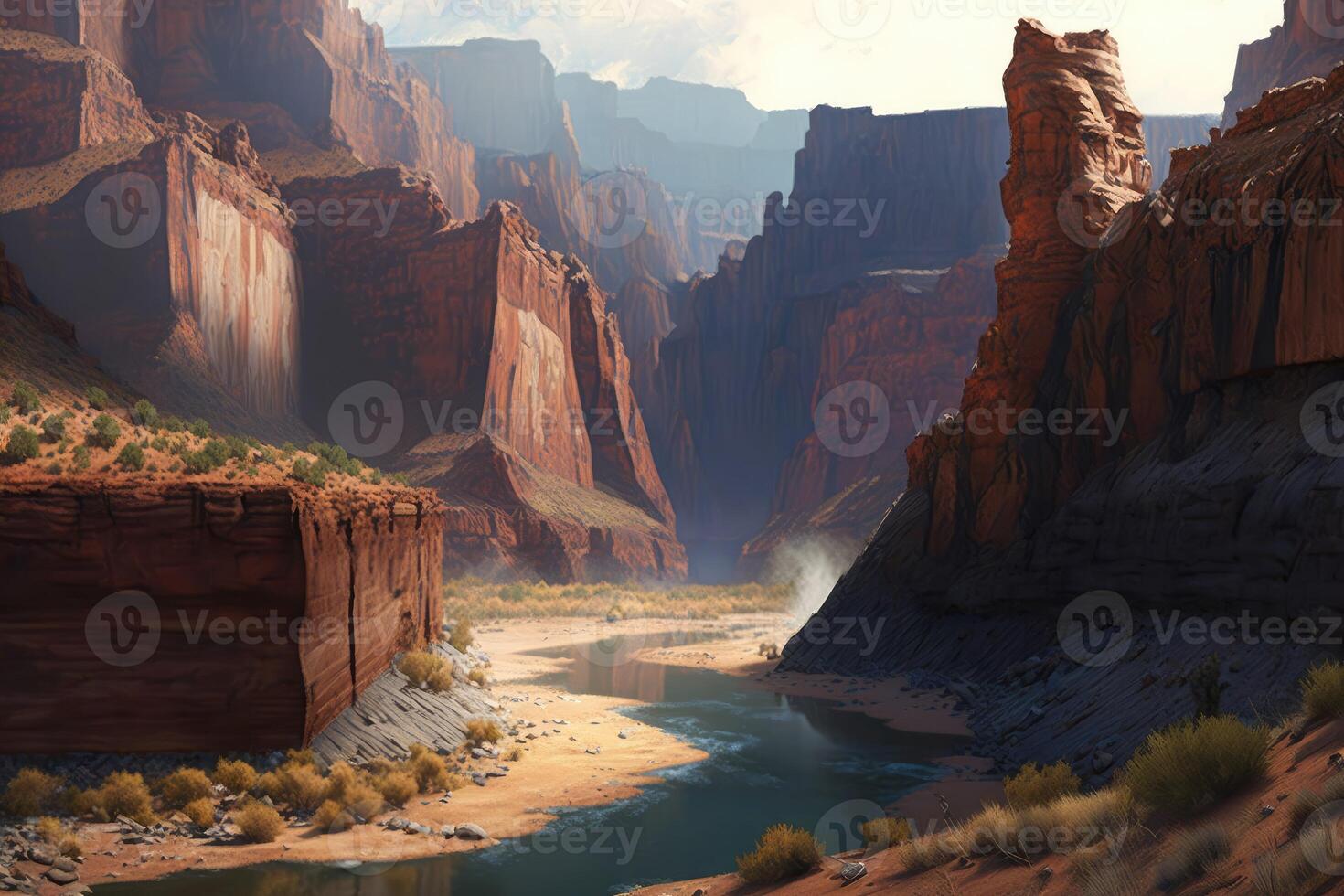 Rugged canyon with steep walls of red rock towering above a meandering river far below. photo