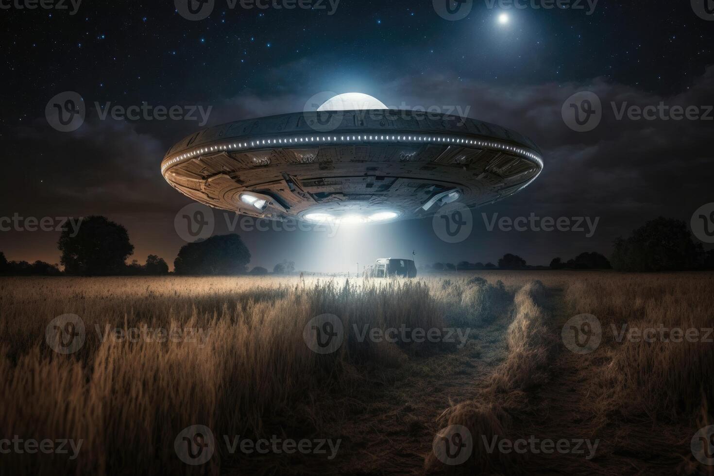 The UFO's metallic surface gleamed in the moonlight as it hovered silently above the field. photo