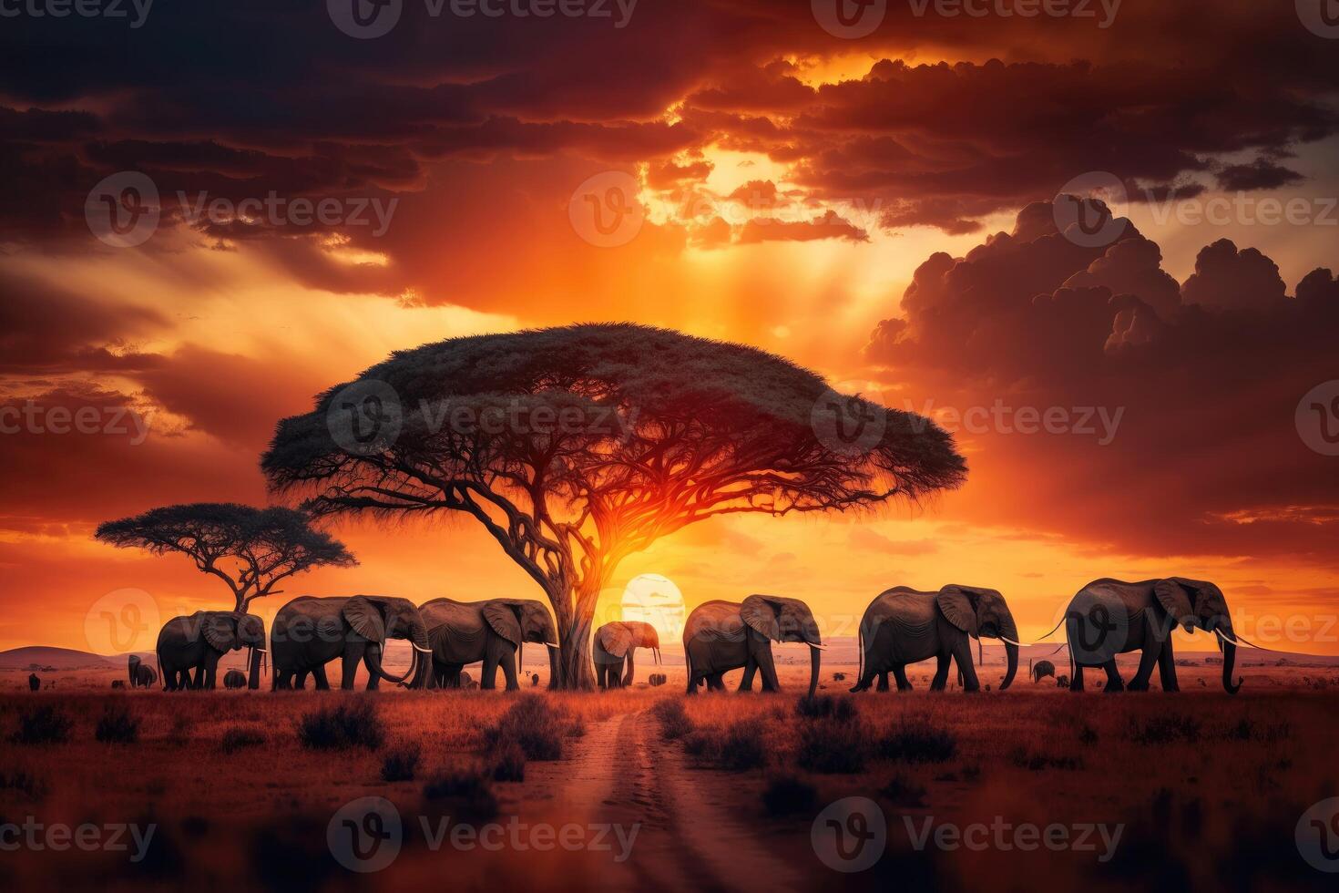 Majestic savannah with a herd of elephants grazing in the distance and a fiery sunset sky in the background. photo