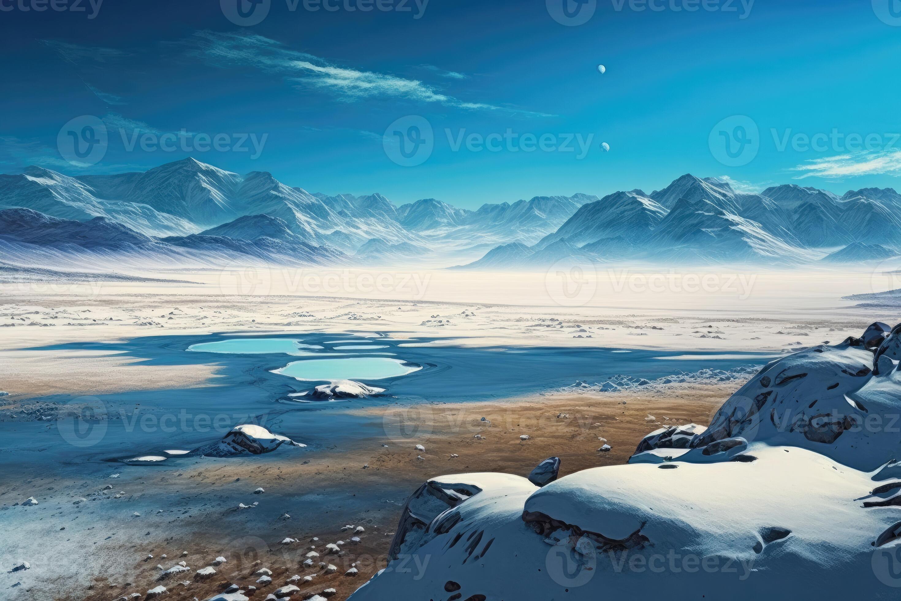 Vast Expanse Of Frozen Tundra With Snow Covered Mountains In The Ai Generated Vast Expanse Of Frozen Tundra With Snow Covered Mountains In The Distance And A Clear Blue Sky Overhead Photo