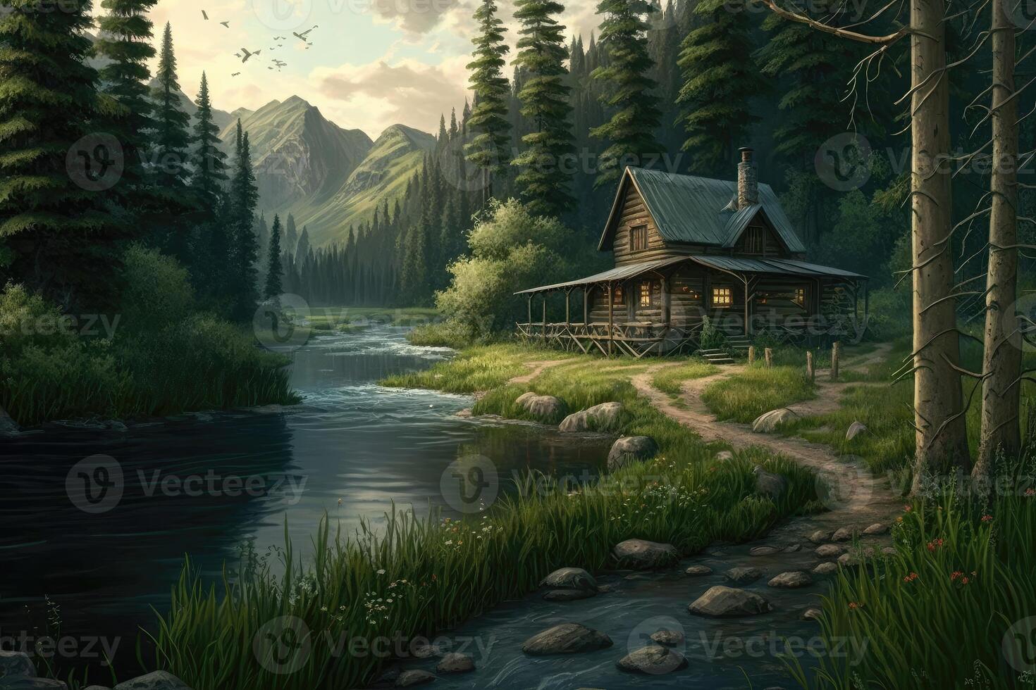 Serene countryside scene. Peaceful stream winding through a verdant forest and a charming wooden cabin perched on the edge of the water. photo