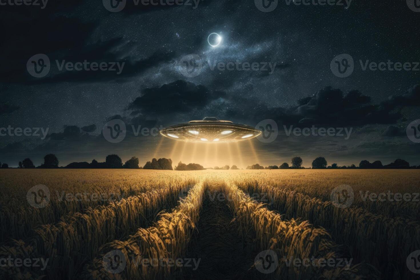 The UFO's metallic surface gleamed in the moonlight as it hovered silently above the field. photo