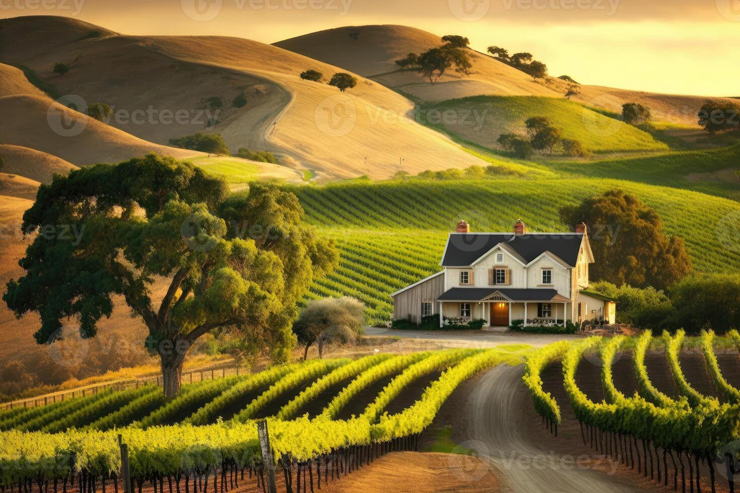 Picturesque vineyard, with rolling hills covered in grapevines and a quaint farmhouse at the top of the hill. photo