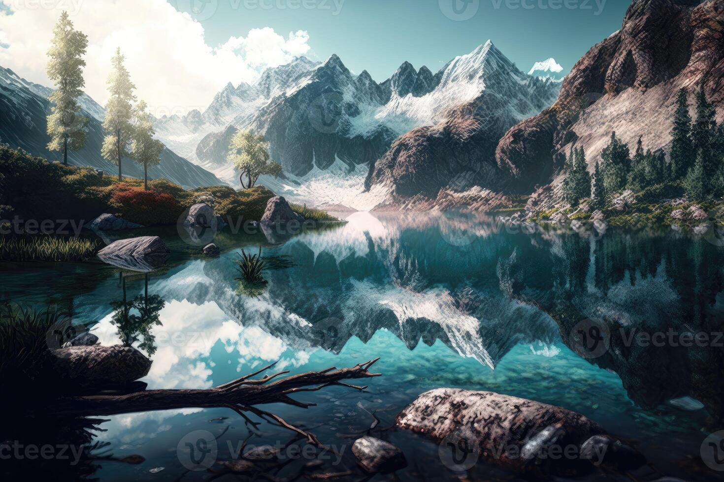 Serene mountain lake, with crystal clear water reflecting the surrounding peaks and a peaceful silence. photo